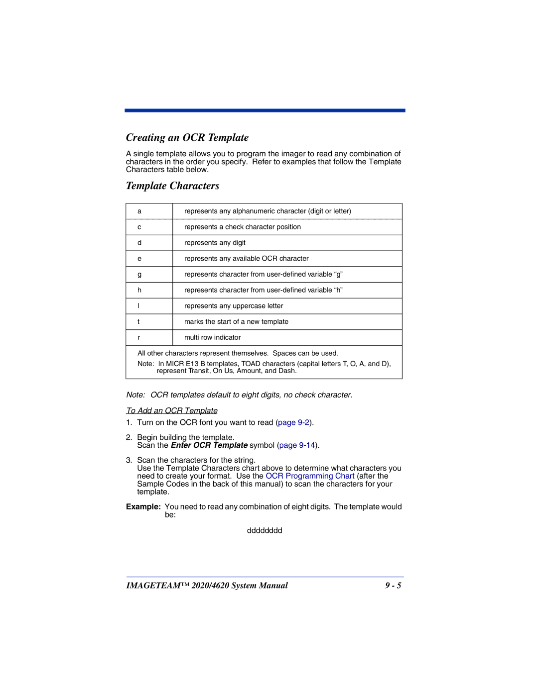 Hand Held Products 2020, 4620 system manual Creating an OCR Template, Template Characters 