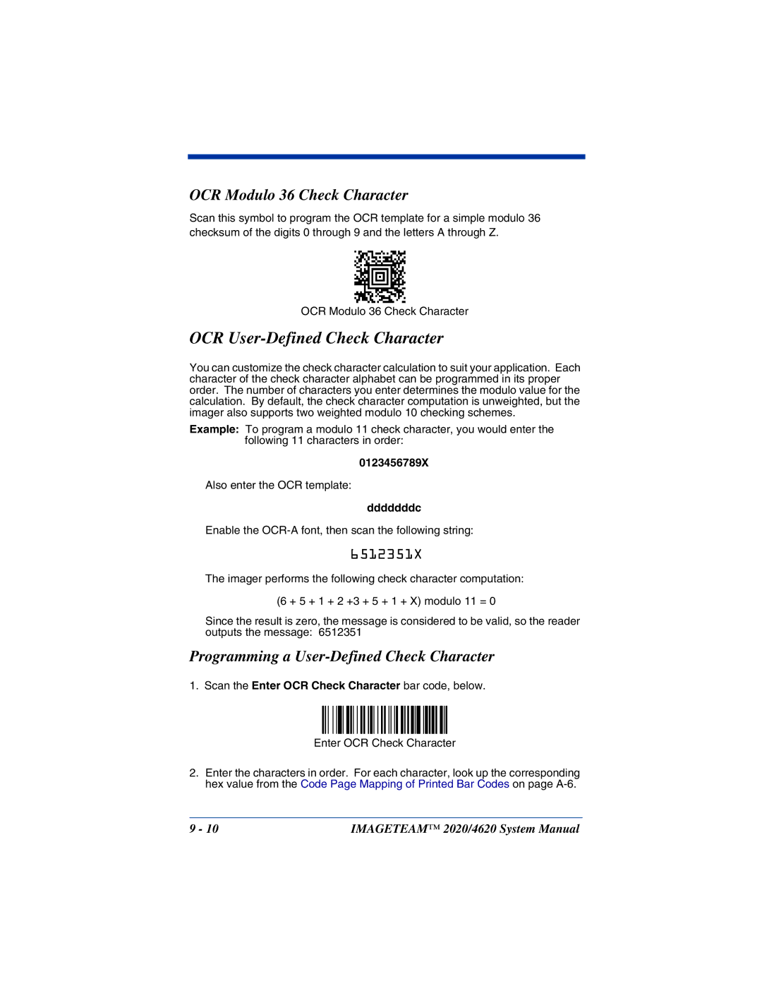 Hand Held Products 4620, 2020 system manual OCR User-Defined Check Character, OCR Modulo 36 Check Character 