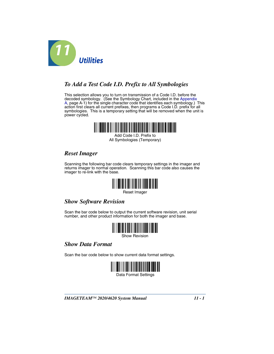 Hand Held Products 2020 Utilities, To Add a Test Code I.D. Prefix to All Symbologies, Reset Imager, Show Software Revision 