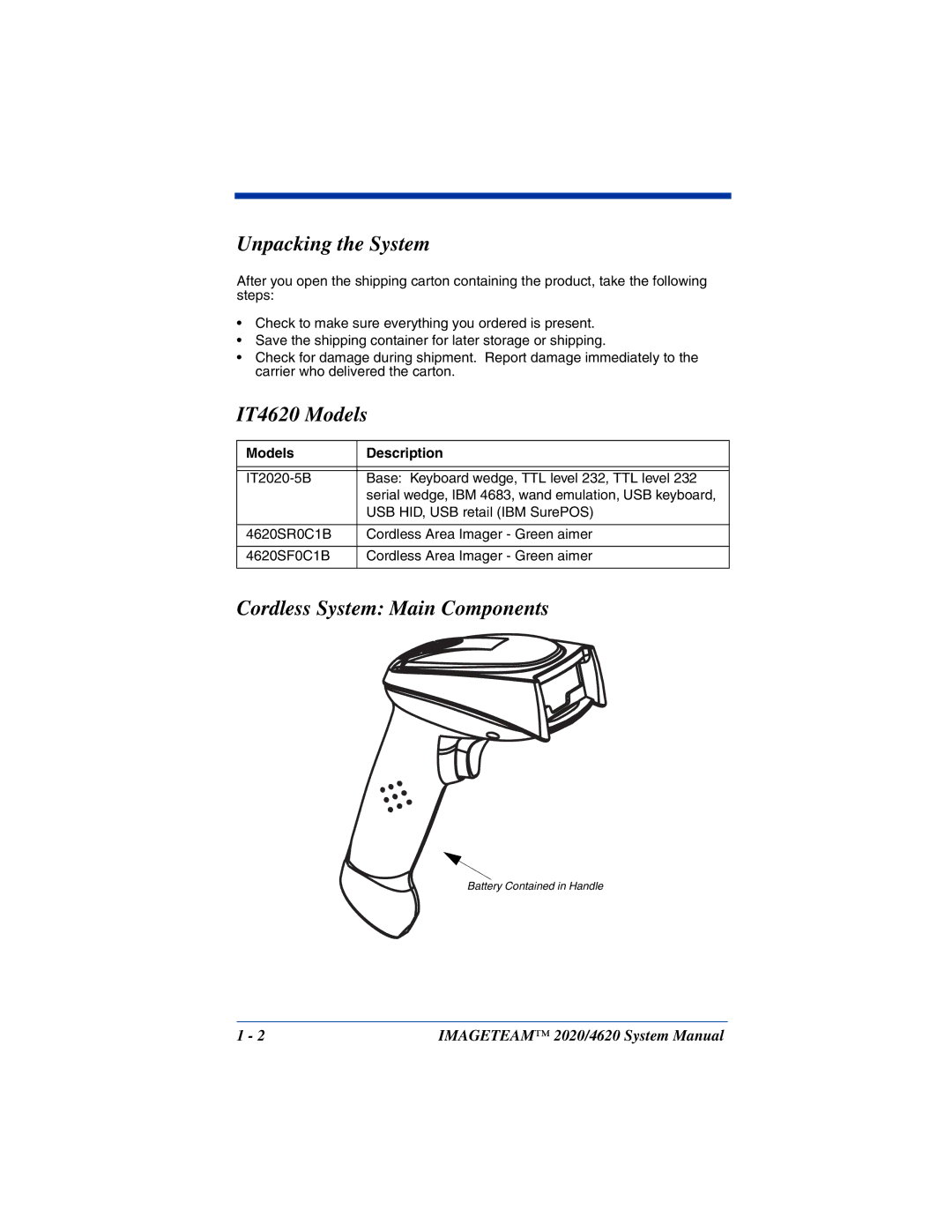 Hand Held Products 2020 Unpacking the System, IT4620 Models, Cordless System Main Components, Models Description 