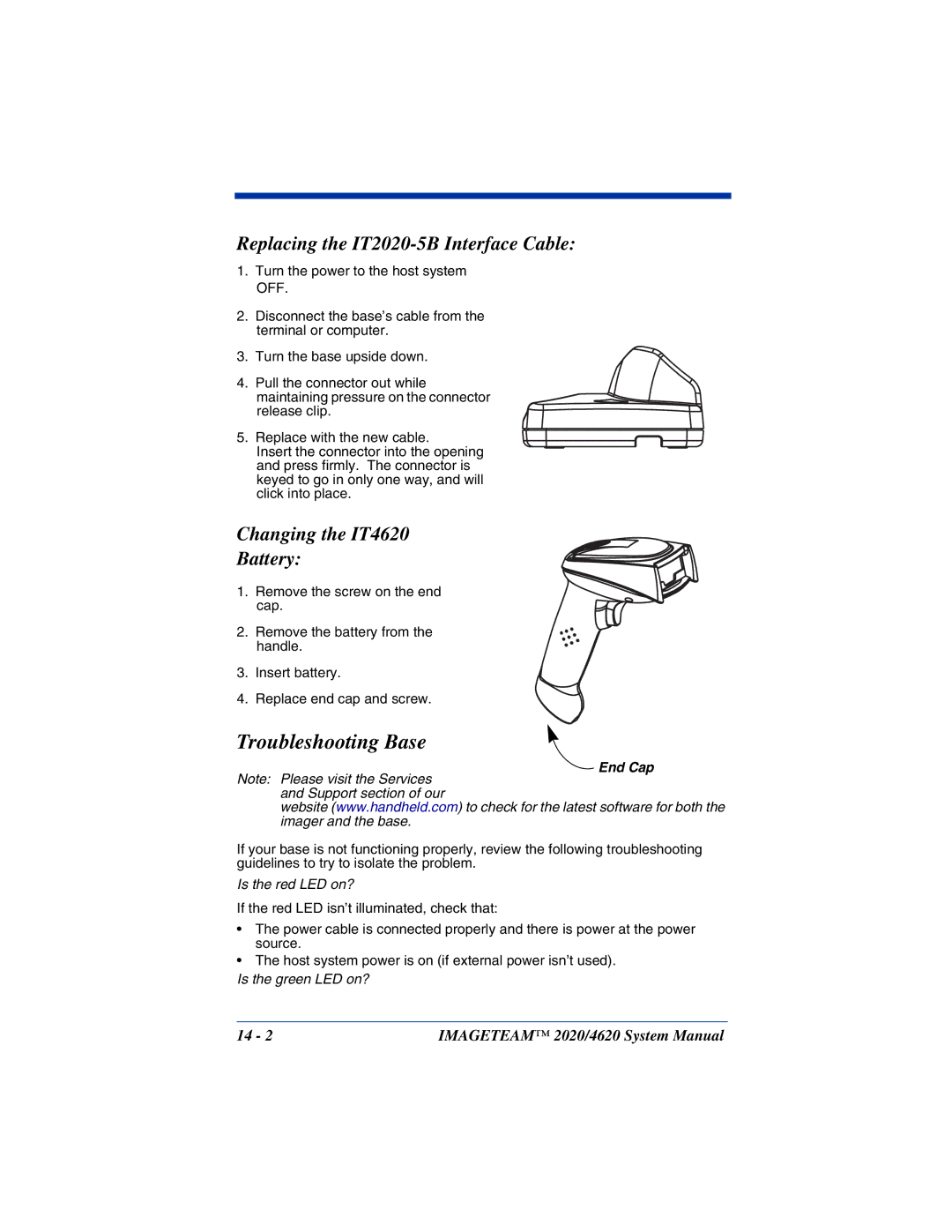 Hand Held Products Troubleshooting Base, Replacing the IT2020-5B Interface Cable, Changing the IT4620 Battery 