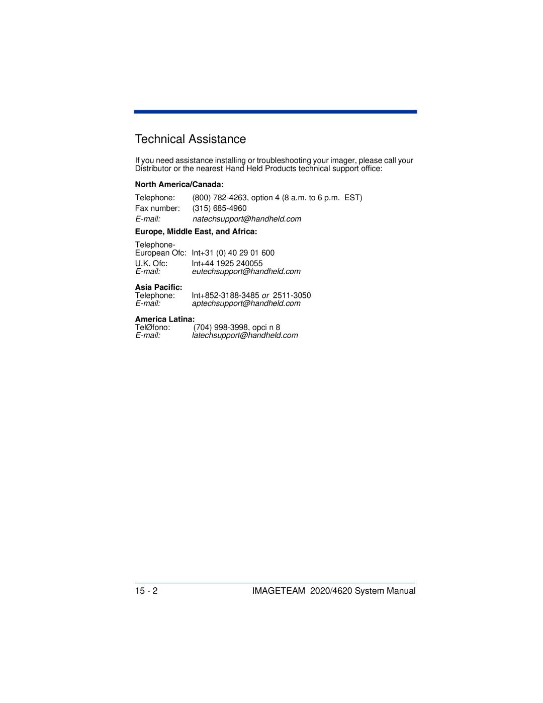 Hand Held Products 4620, 2020 system manual Technical Assistance, North America/Canada 