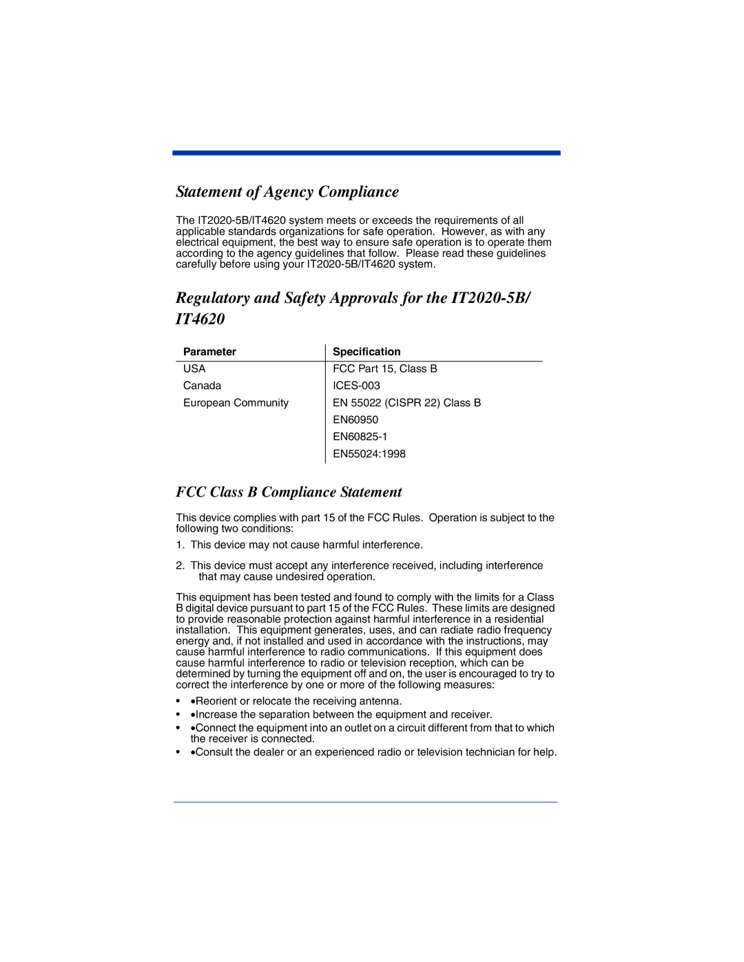 Hand Held Products Statement of Agency Compliance, Regulatory and Safety Approvals for the IT2020-5B/ IT4620 