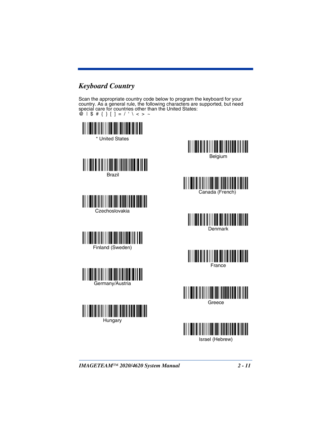 Hand Held Products 2020, 4620 system manual Keyboard Country 