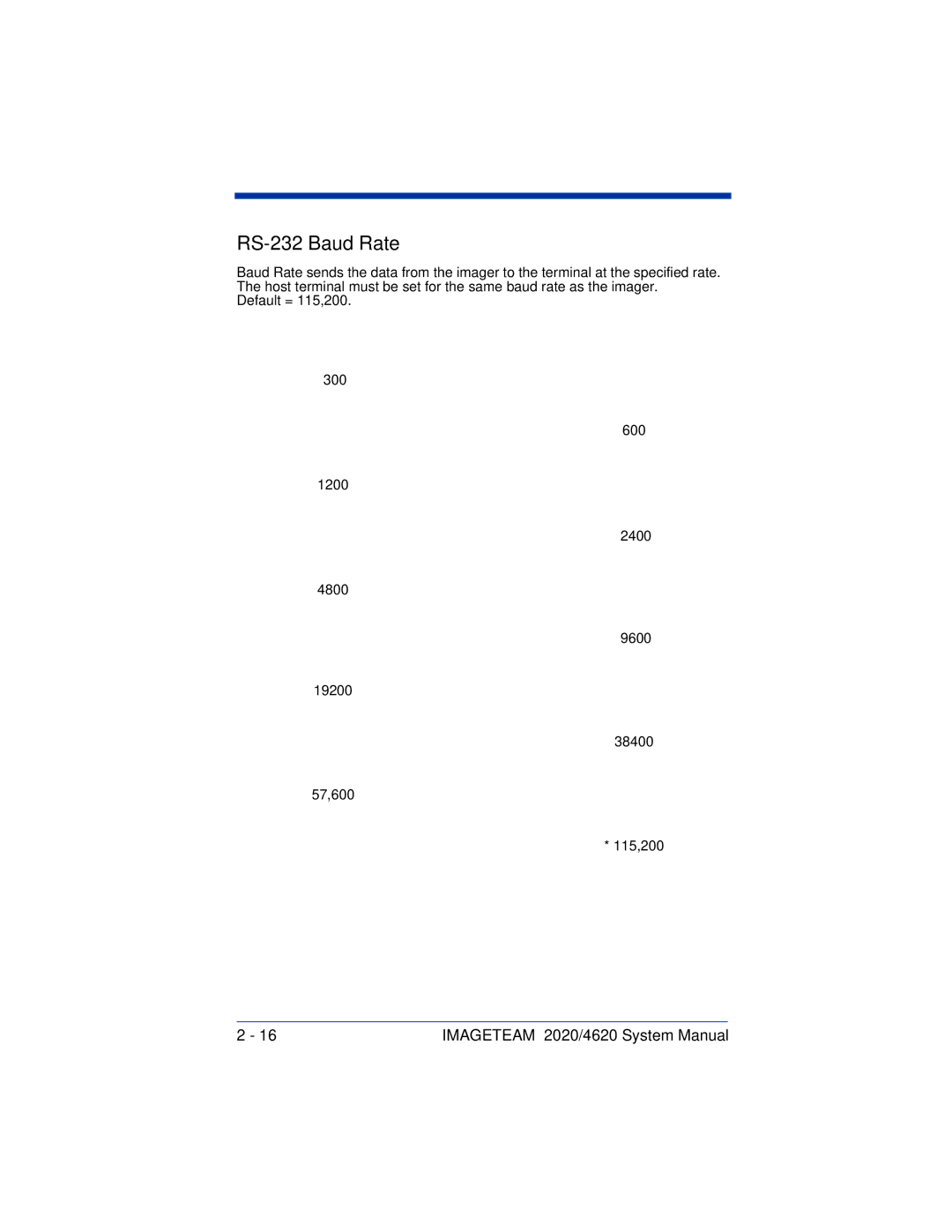 Hand Held Products 4620, 2020 system manual RS-232 Baud Rate 