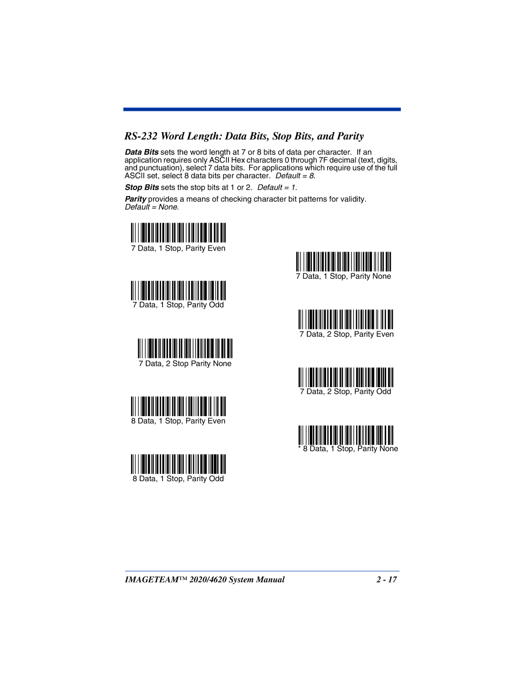 Hand Held Products 2020, 4620 system manual RS-232 Word Length Data Bits, Stop Bits, and Parity 