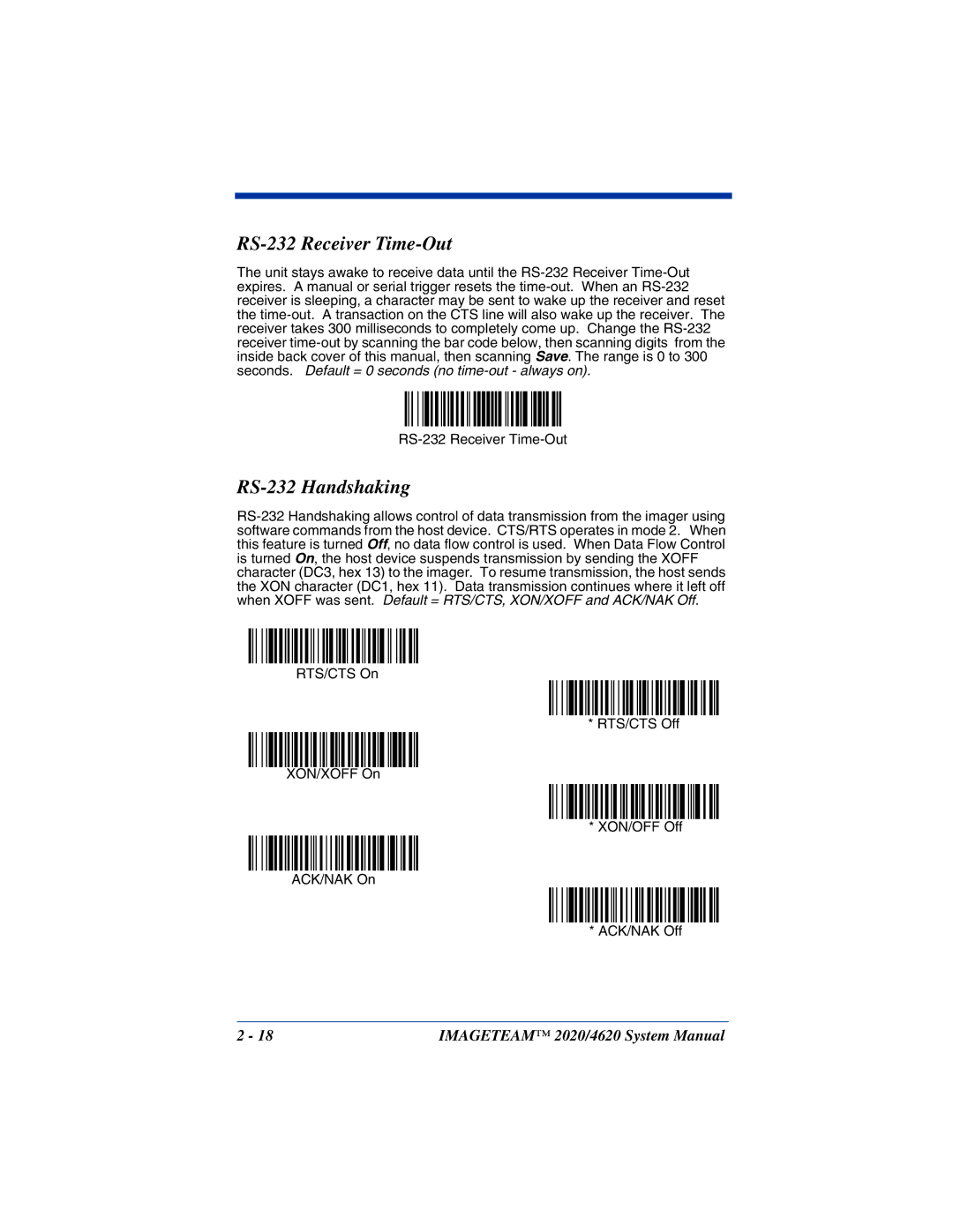 Hand Held Products 4620, 2020 system manual RS-232 Receiver Time-Out, RS-232 Handshaking 