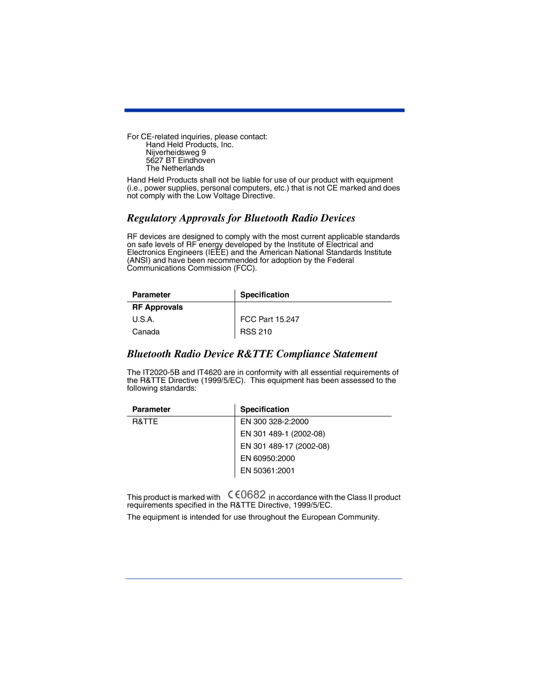 Hand Held Products 2020, 4620 Regulatory Approvals for Bluetooth Radio Devices, Parameter Specification RF Approvals 