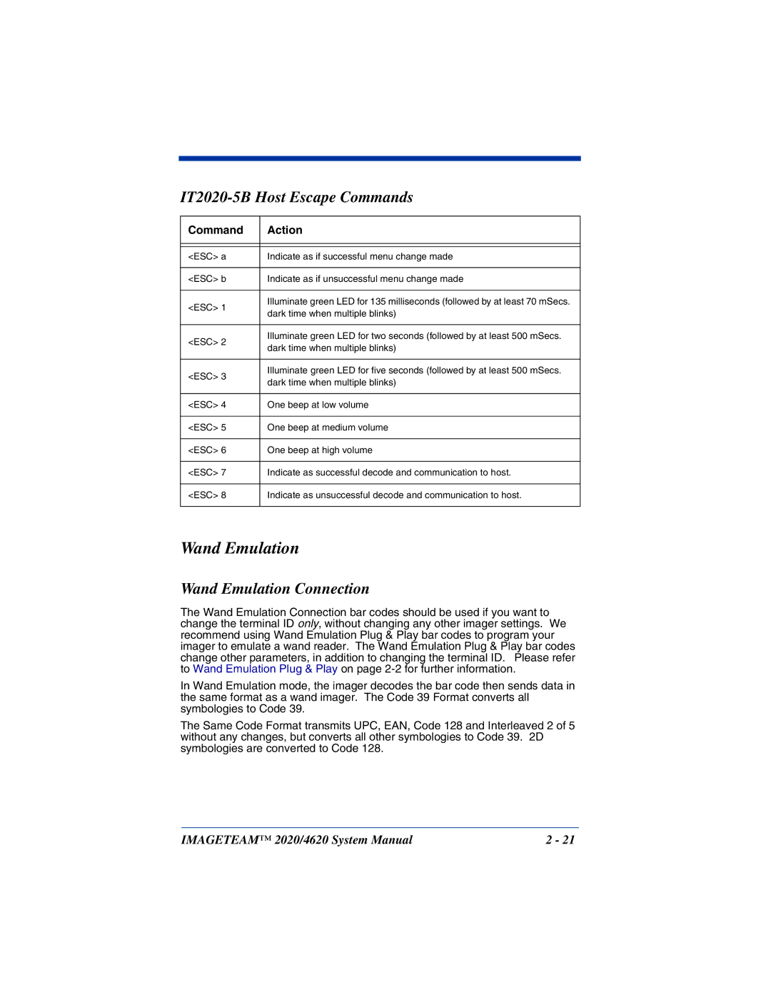 Hand Held Products 4620 system manual IT2020-5B Host Escape Commands, Wand Emulation Connection, Command Action 