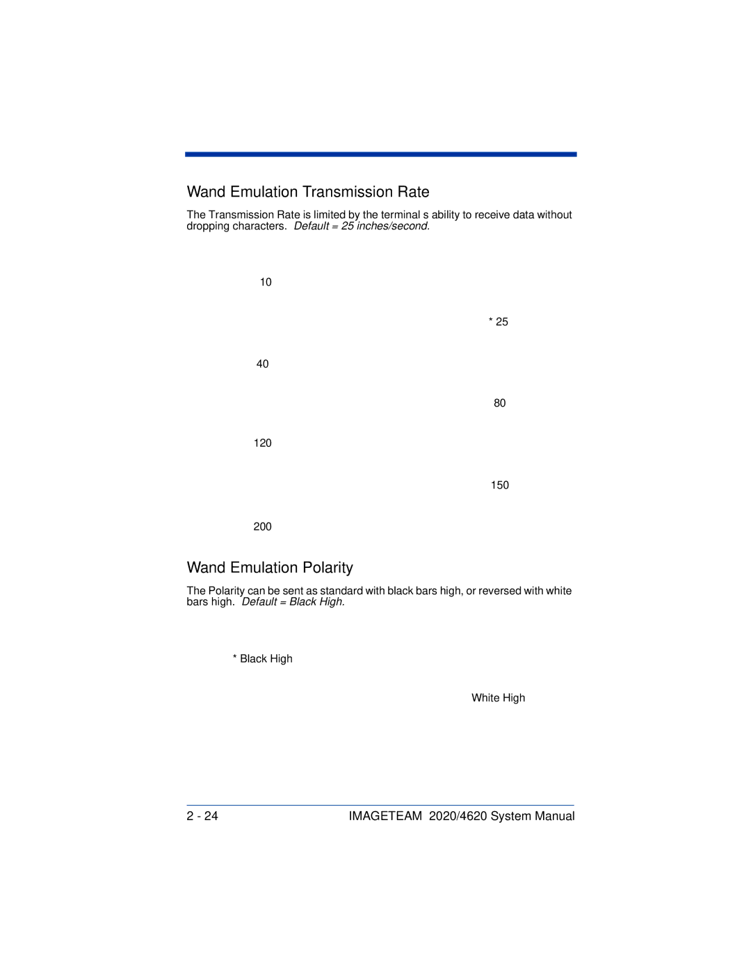 Hand Held Products 4620, 2020 system manual Wand Emulation Transmission Rate, Wand Emulation Polarity 