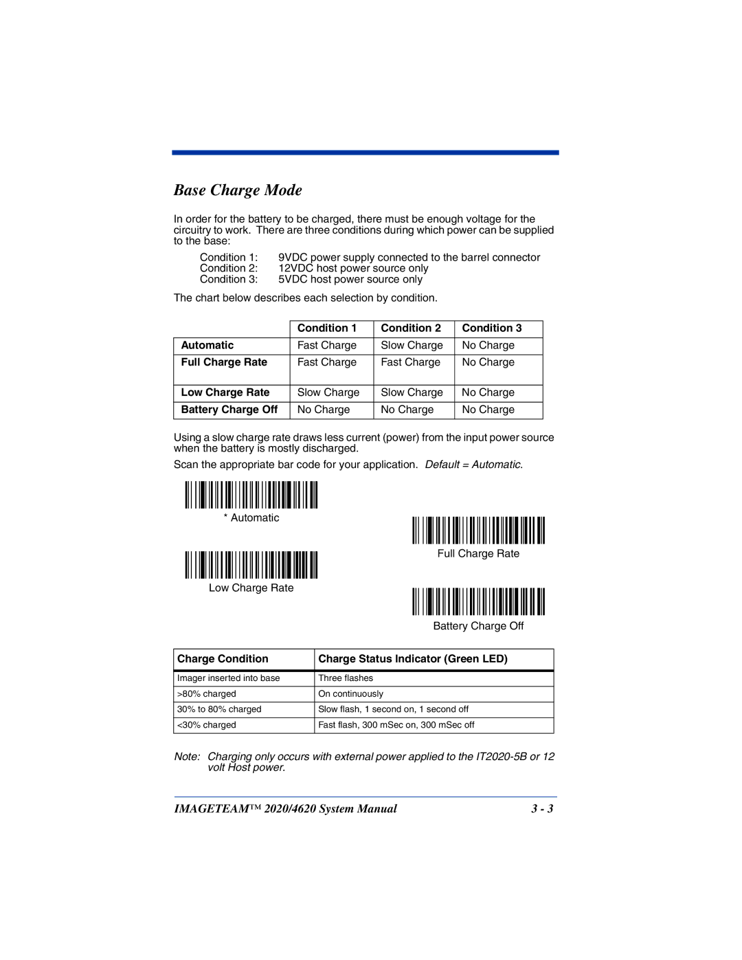 Hand Held Products 2020, 4620 system manual Base Charge Mode 