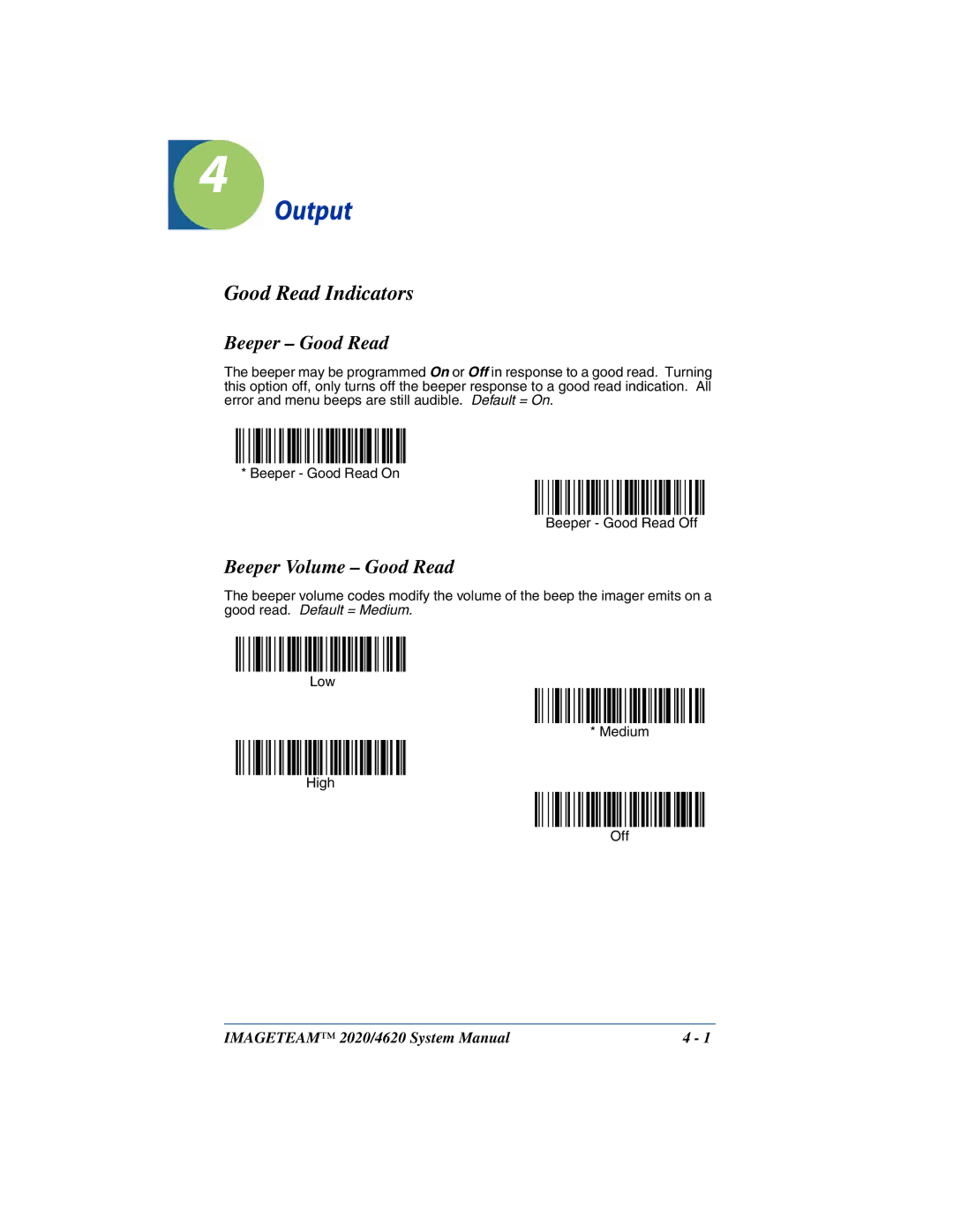 Hand Held Products 2020, 4620 system manual Output, Good Read Indicators, Beeper Good Read, Beeper Volume Good Read 