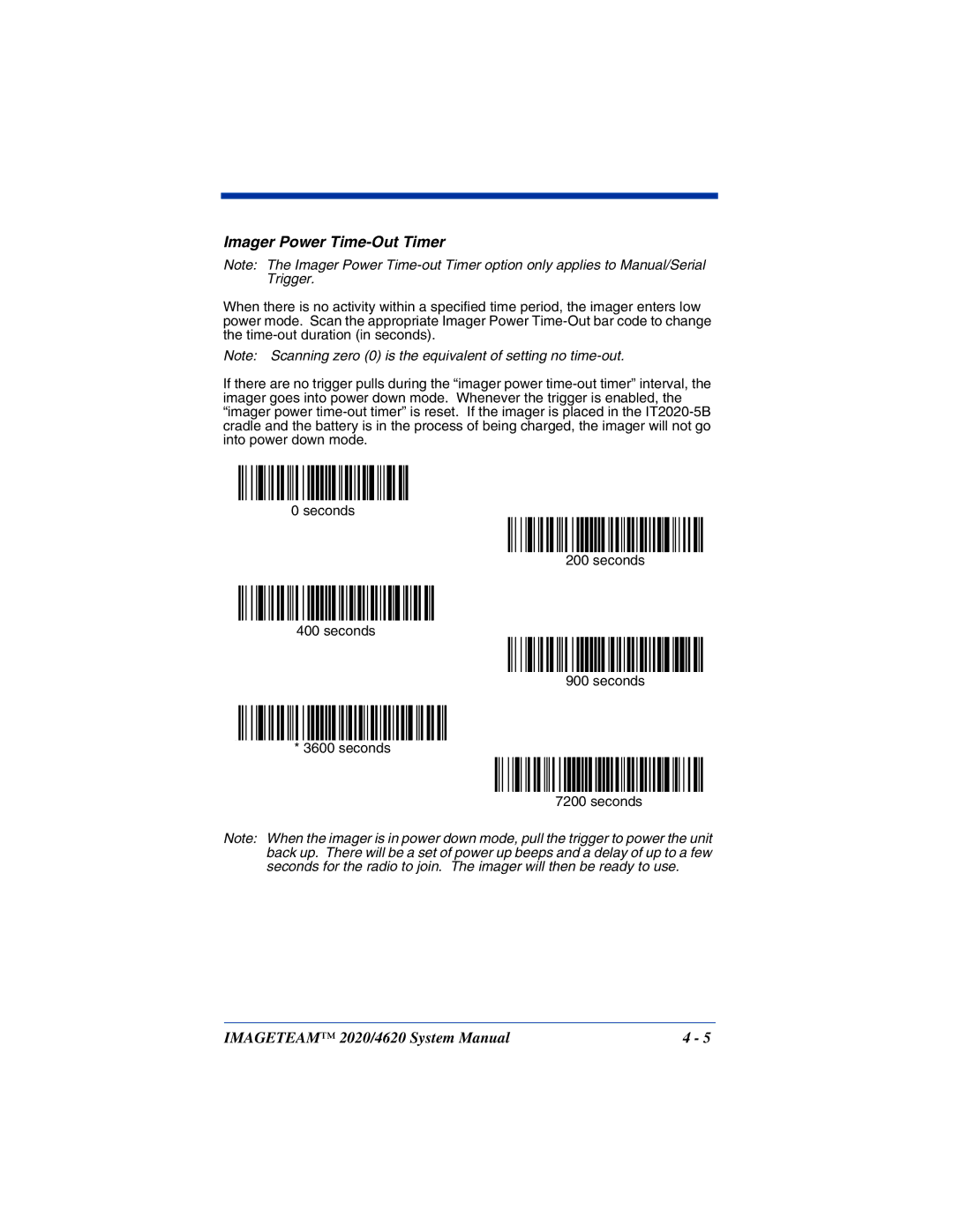 Hand Held Products 2020, 4620 system manual Imager Power Time-Out Timer 