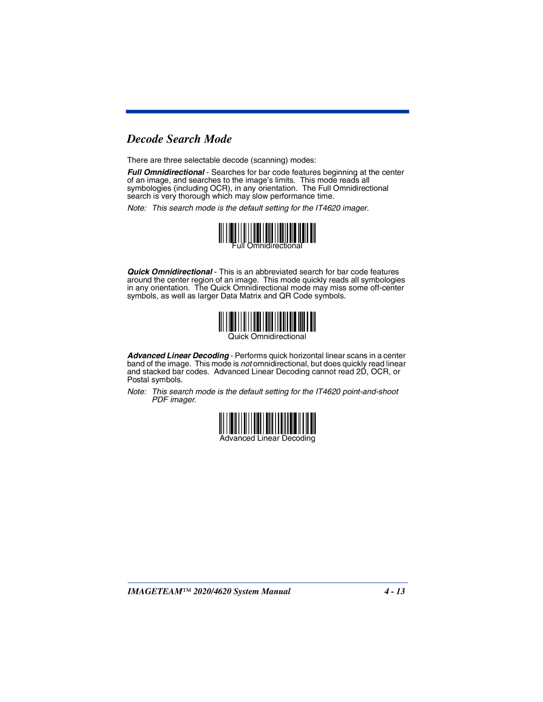 Hand Held Products 2020, 4620 system manual Decode Search Mode 