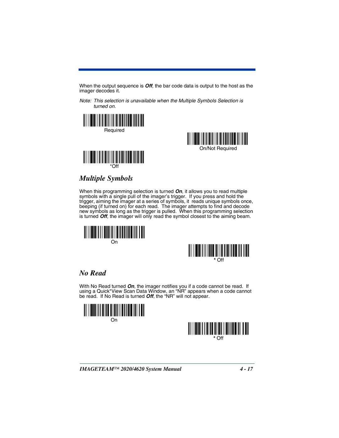 Hand Held Products 2020, 4620 system manual Multiple Symbols, No Read 