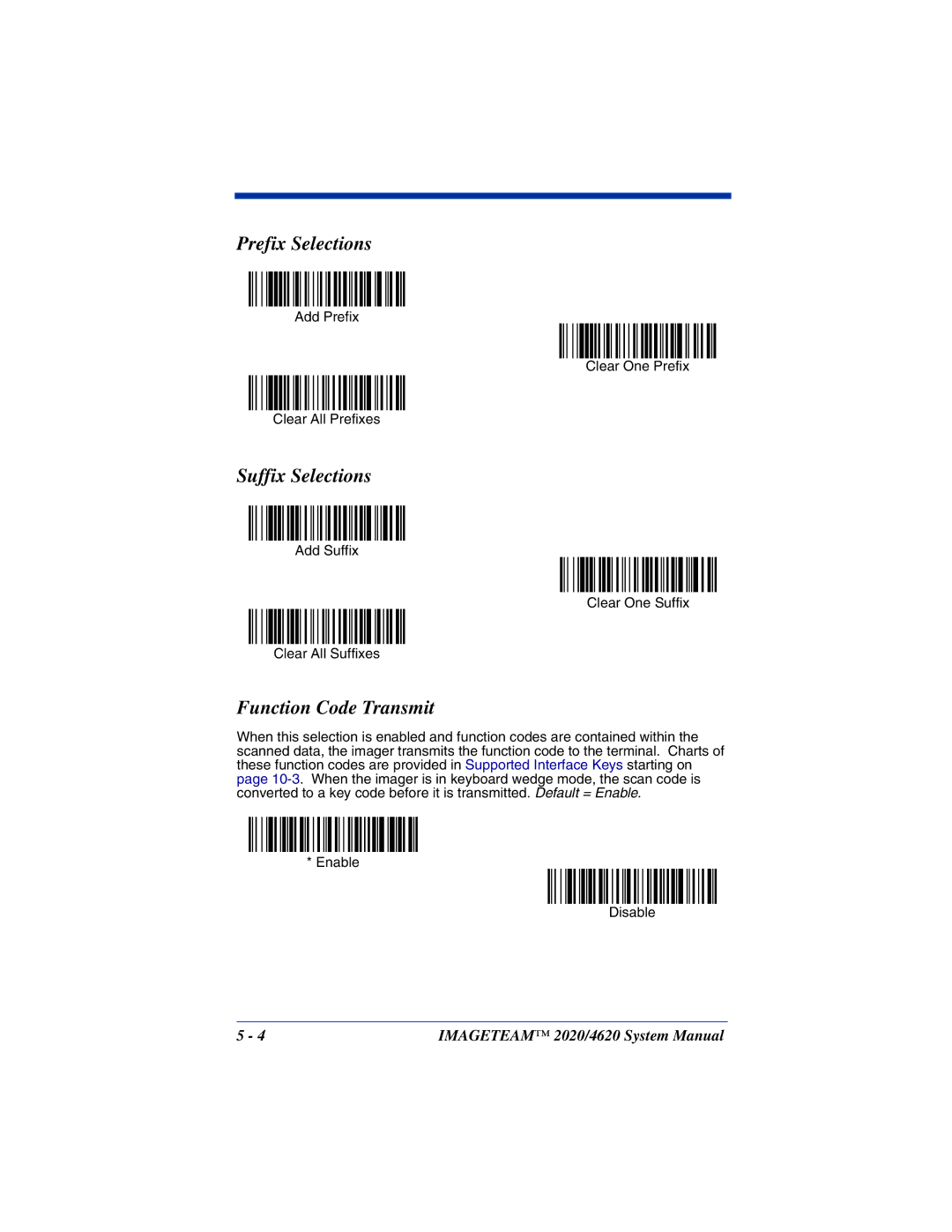 Hand Held Products 4620, 2020 system manual Prefix Selections, Suffix Selections, Function Code Transmit 