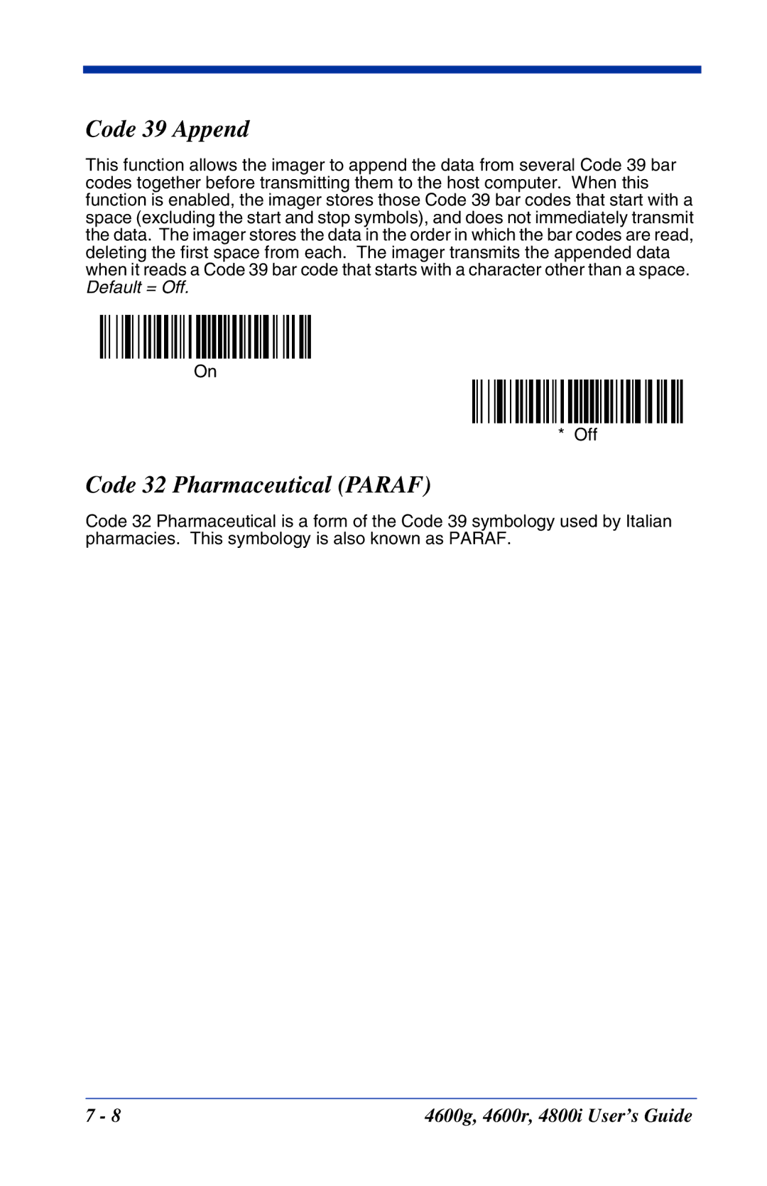 Hand Held Products 4600r, 4800i, 4600g manual Code 39 Append, Code 32 Pharmaceutical Paraf 