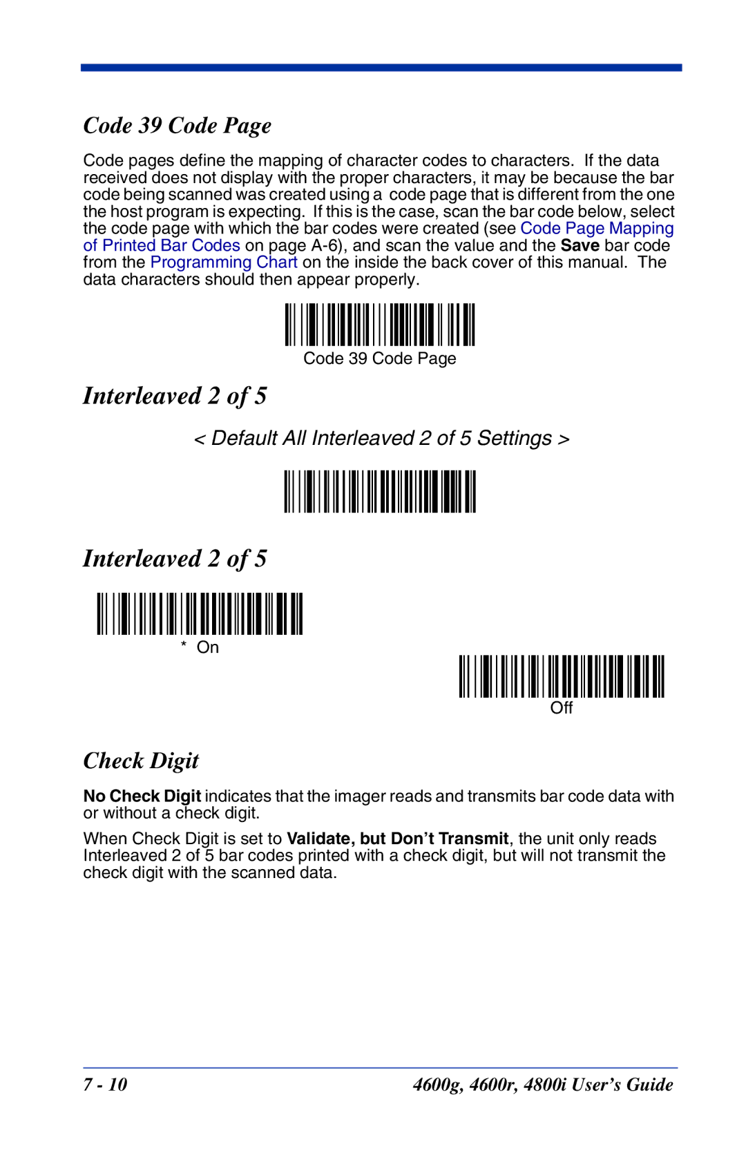 Hand Held Products 4800i, 4600r, 4600g manual Interleaved 2, Code 39 Code, Check Digit 