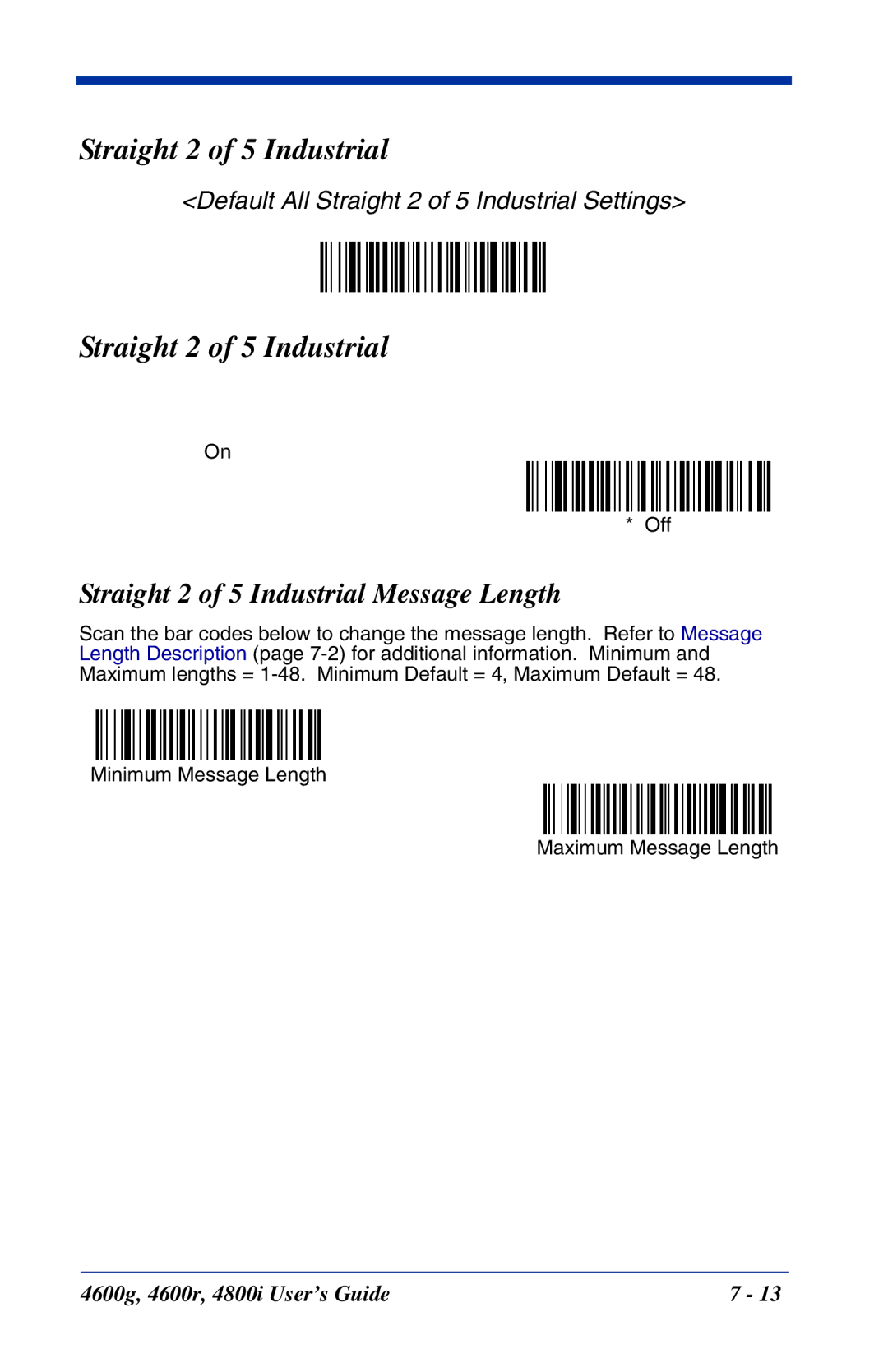 Hand Held Products 4800i, 4600r, 4600g manual Straight 2 of 5 Industrial Message Length 