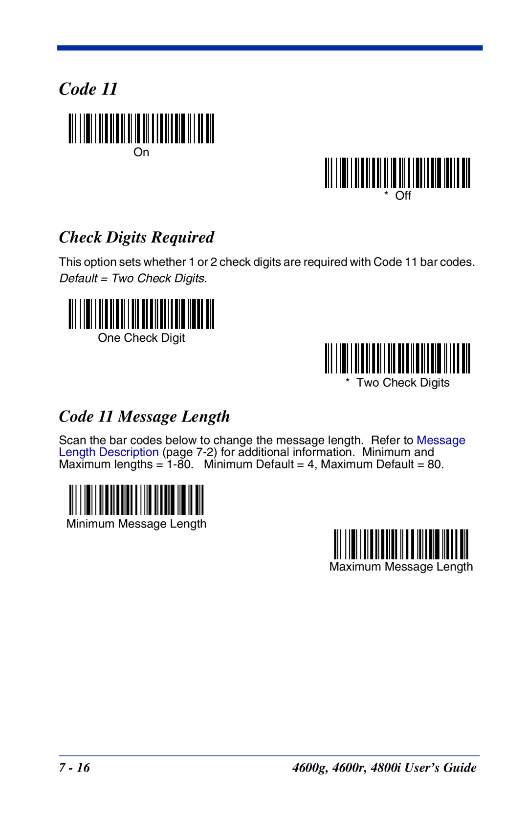 Hand Held Products 4800i, 4600r, 4600g manual Check Digits Required, Code 11 Message Length 