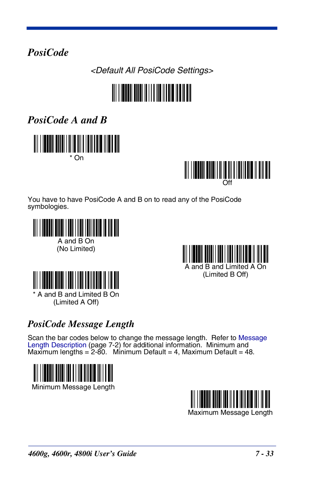 Hand Held Products 4600g, 4800i, 4600r manual PosiCode a and B, PosiCode Message Length 