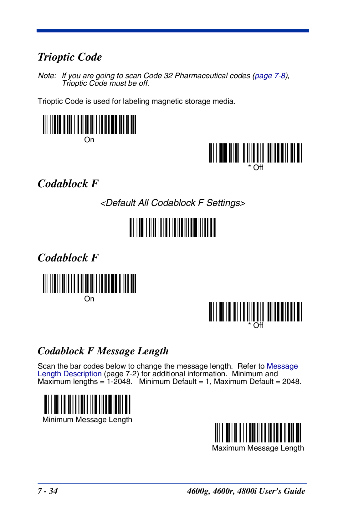 Hand Held Products 4800i, 4600r, 4600g manual Trioptic Code, Codablock F Message Length 