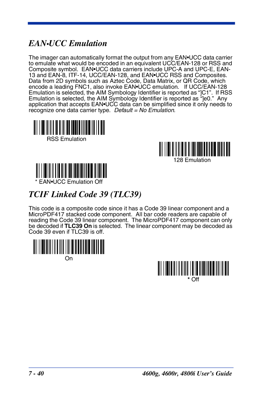 Hand Held Products 4800i, 4600r, 4600g manual Eanucc Emulation, Tcif Linked Code 39 TLC39 