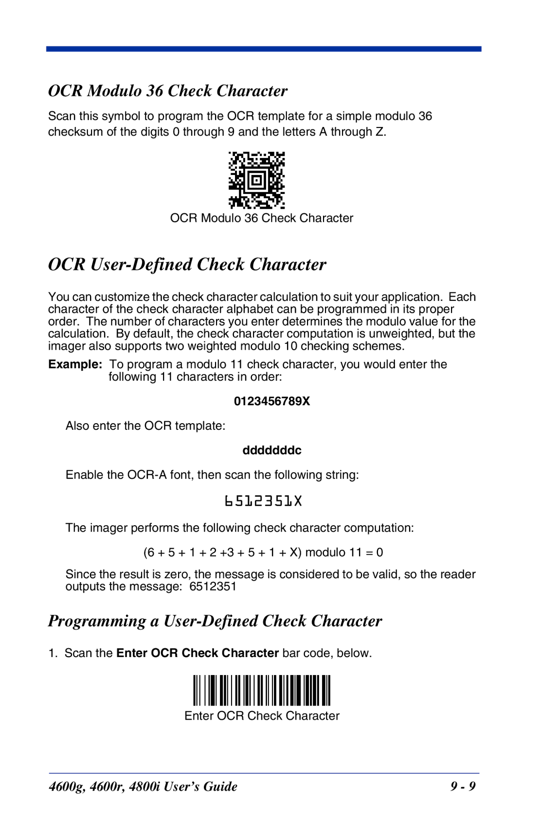 Hand Held Products 4800i, 4600r, 4600g manual OCR User-Defined Check Character, OCR Modulo 36 Check Character 