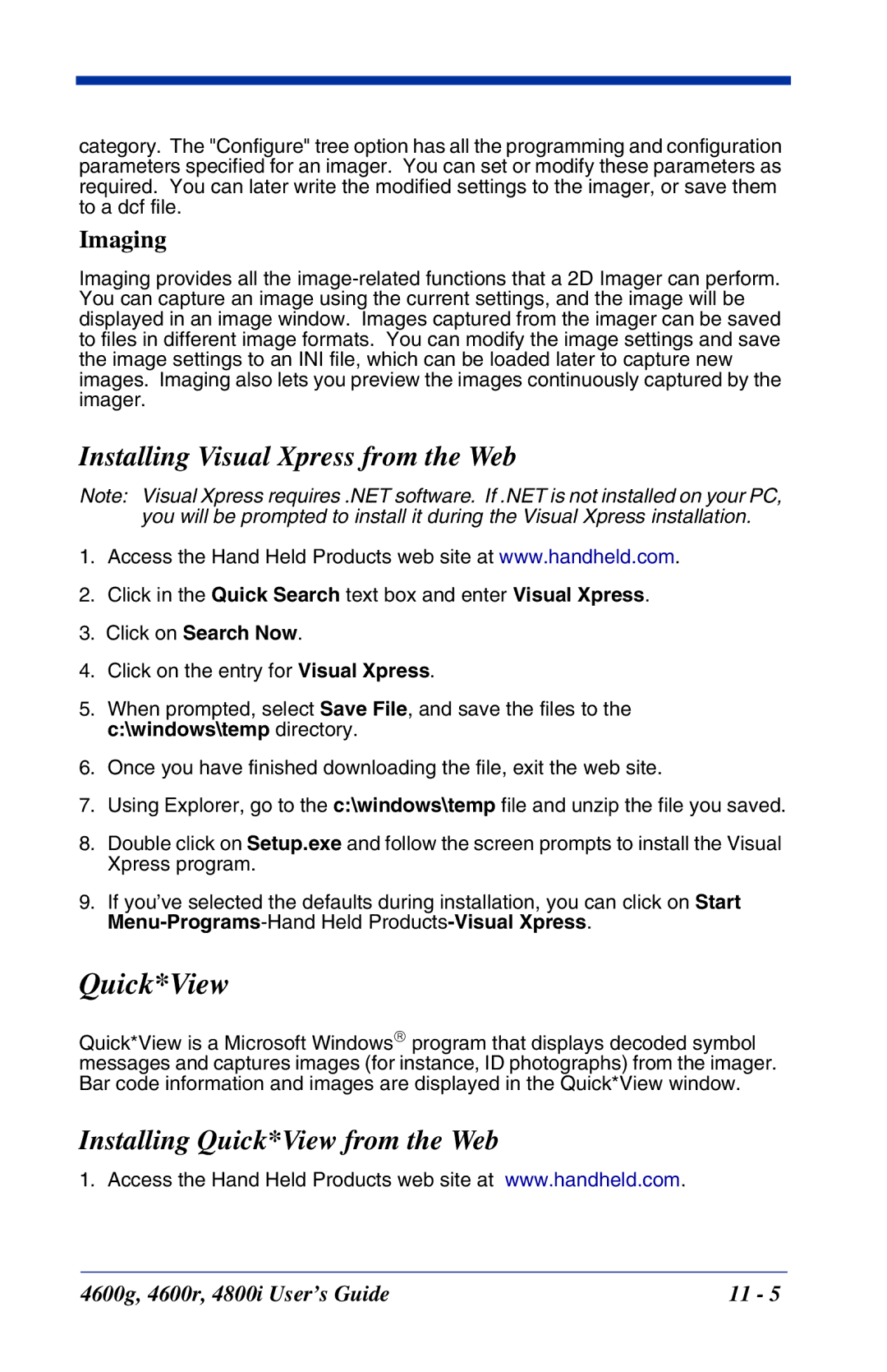 Hand Held Products 4600r, 4800i, 4600g manual Installing Visual Xpress from the Web, Installing Quick*View from the Web 