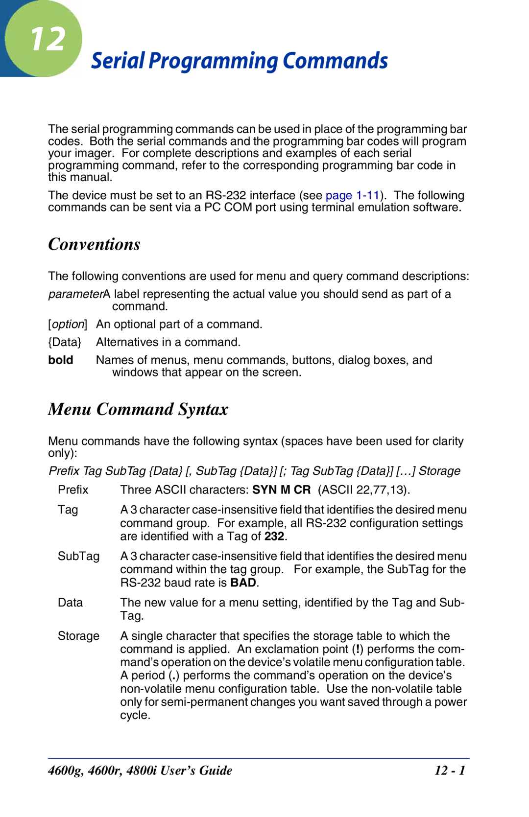 Hand Held Products 4800i, 4600r, 4600g manual Serial Programming Commands, Conventions, Menu Command Syntax 