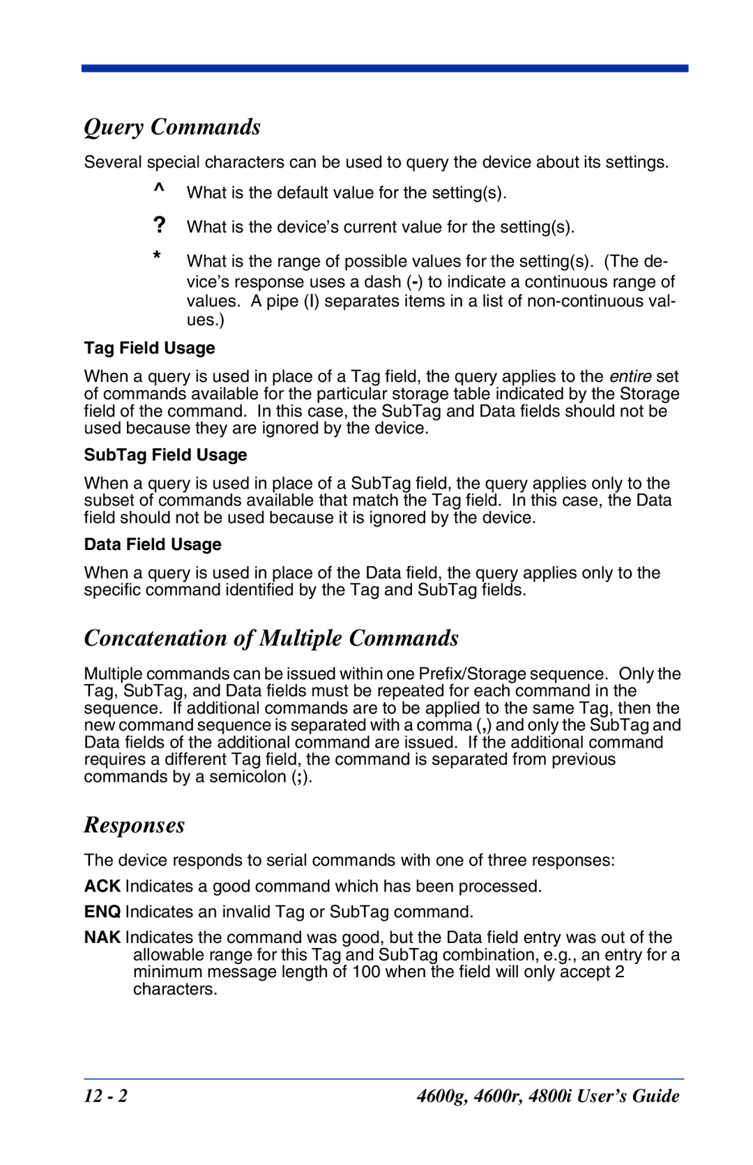 Hand Held Products 4600r, 4800i, 4600g manual Query Commands, Concatenation of Multiple Commands, Responses 