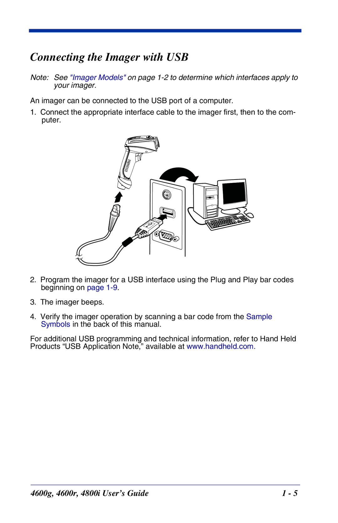 Hand Held Products 4800i, 4600r, 4600g manual Connecting the Imager with USB 