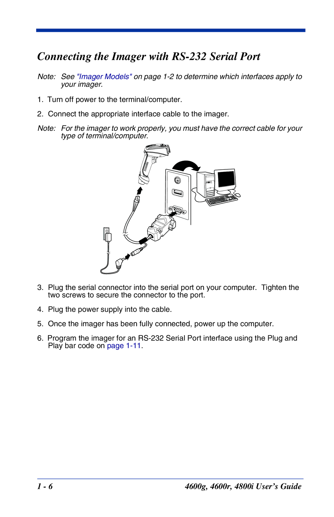 Hand Held Products 4600r, 4800i, 4600g manual Connecting the Imager with RS-232 Serial Port 