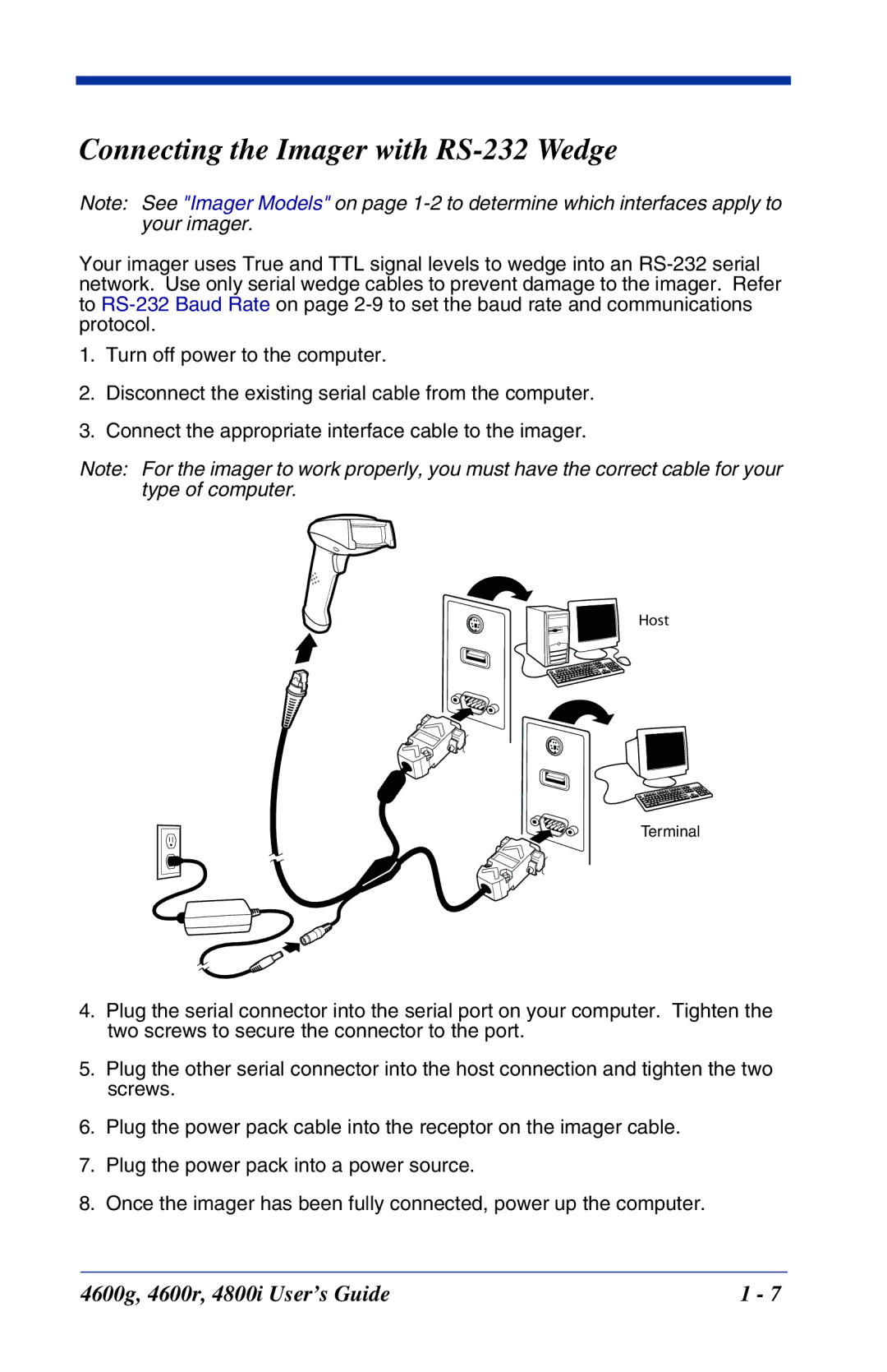 Hand Held Products 4600g, 4800i, 4600r manual Connecting the Imager with RS-232 Wedge 