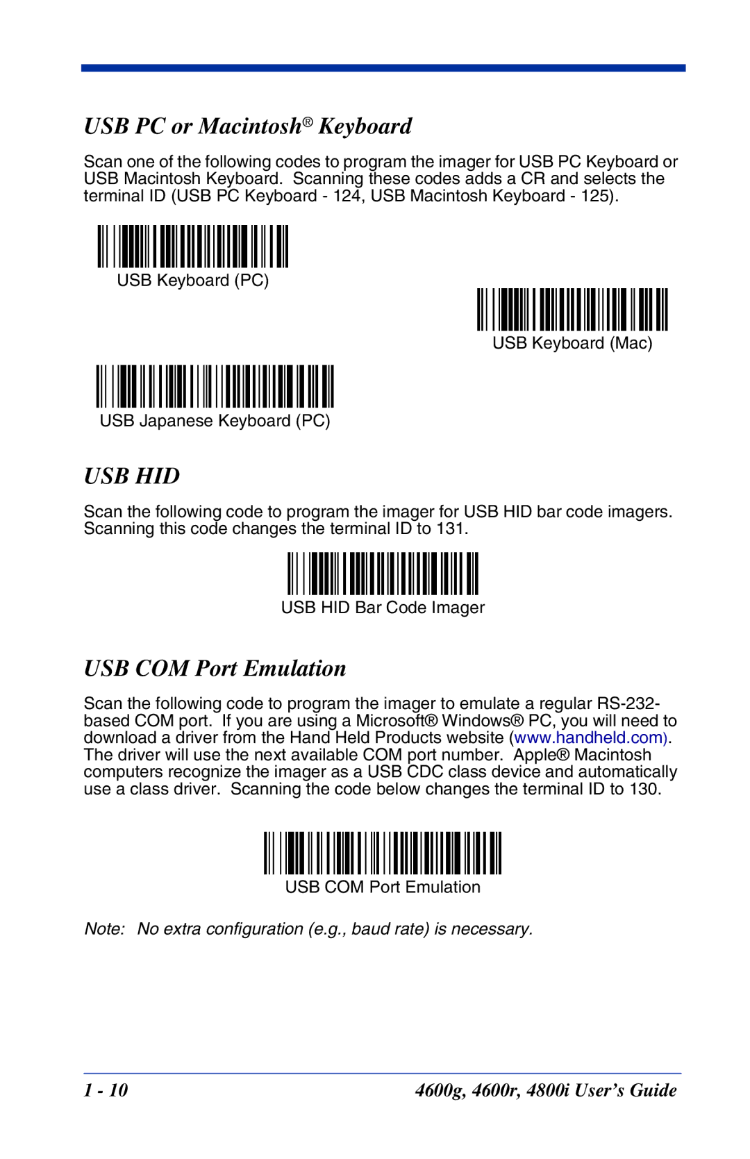 Hand Held Products 4600g, 4800i, 4600r manual USB PC or Macintosh Keyboard, USB COM Port Emulation 