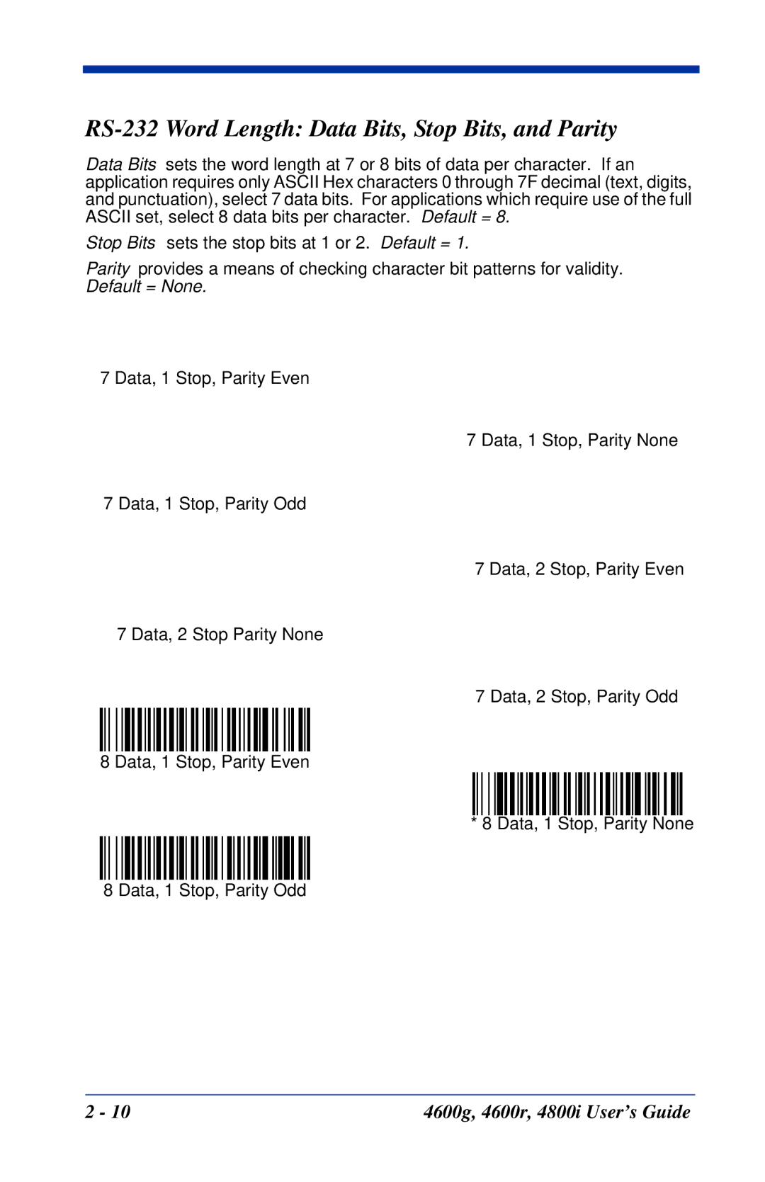Hand Held Products 4800i, 4600r, 4600g manual RS-232 Word Length Data Bits, Stop Bits, and Parity 