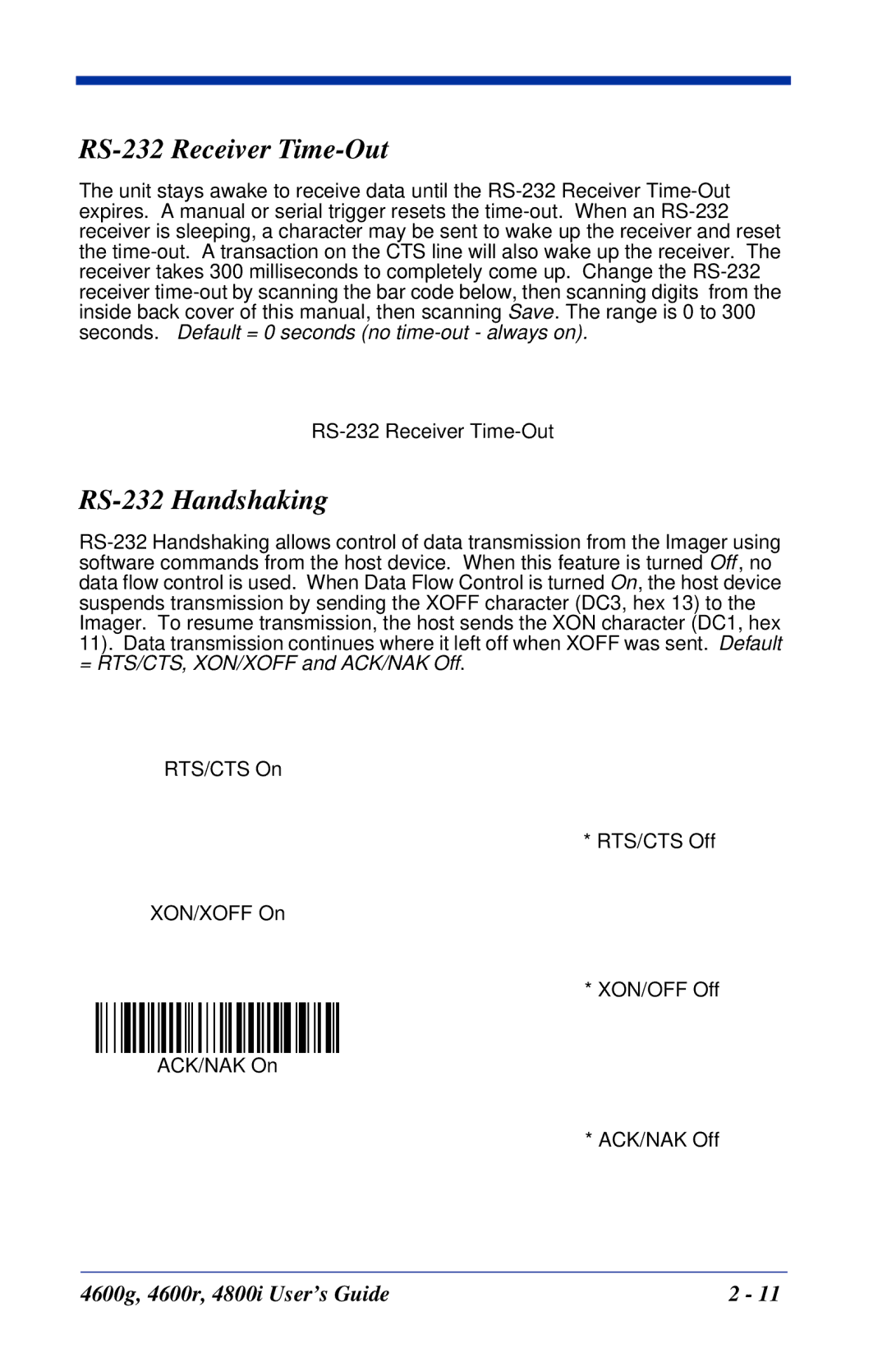 Hand Held Products 4600r, 4800i, 4600g manual RS-232 Receiver Time-Out, RS-232 Handshaking 