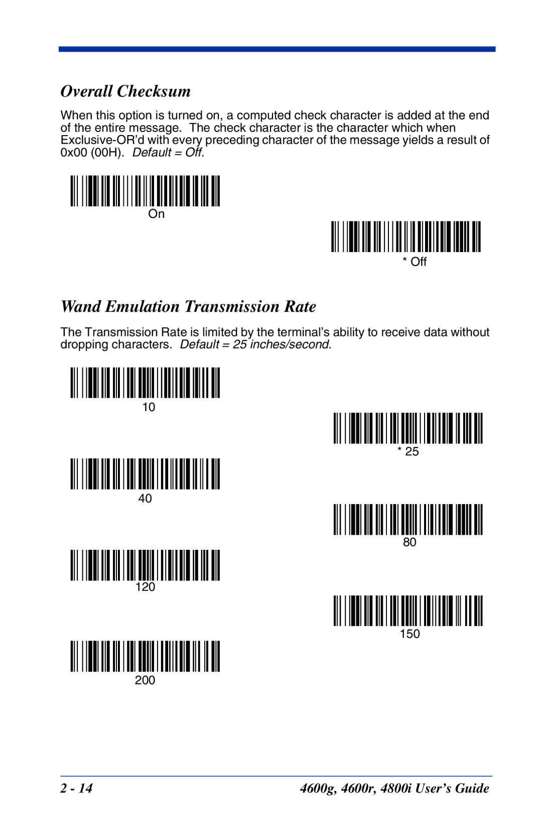 Hand Held Products 4600r, 4800i, 4600g manual Overall Checksum, Wand Emulation Transmission Rate 