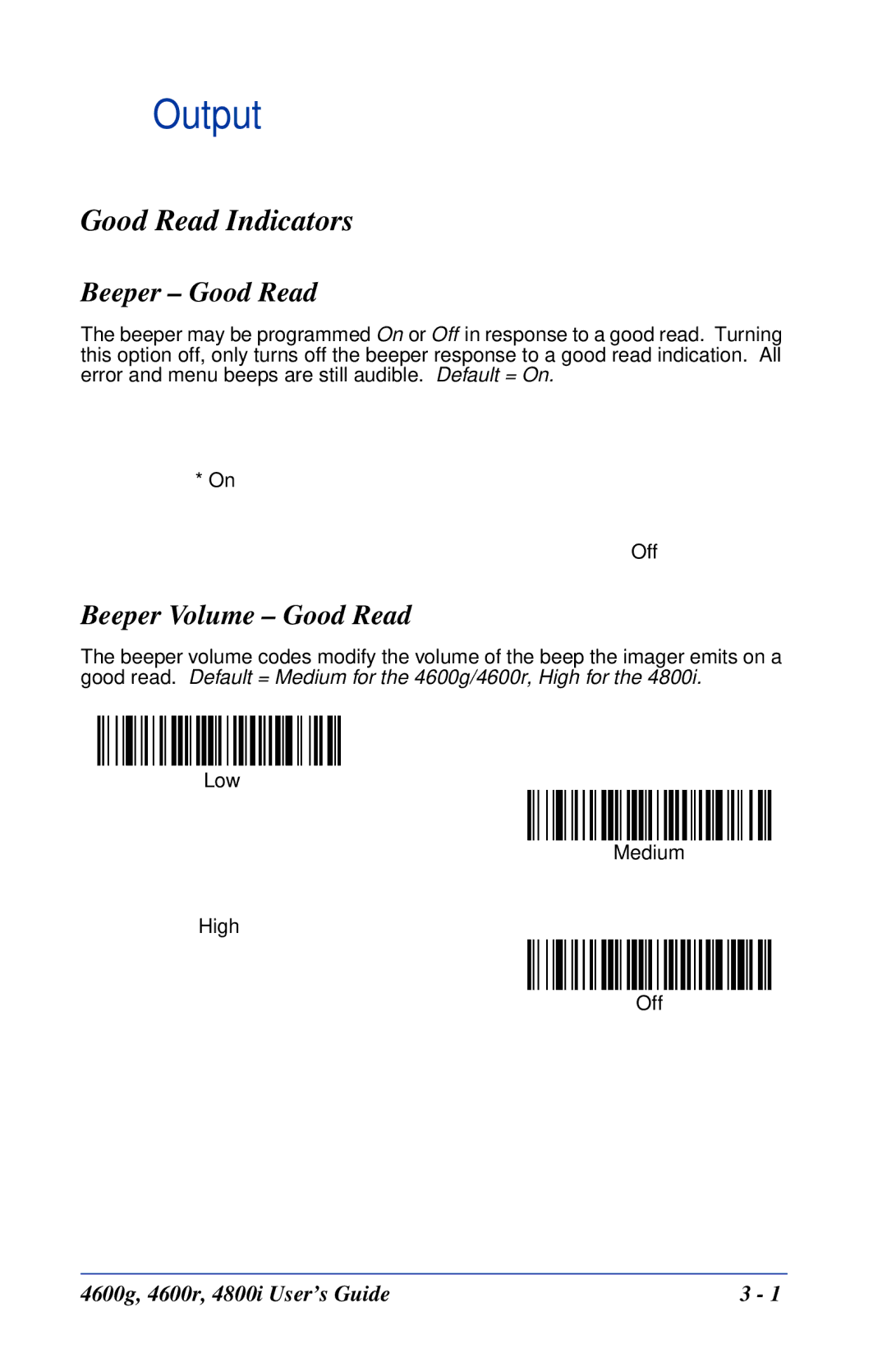 Hand Held Products 4600r, 4800i, 4600g manual Output, Good Read Indicators, Beeper Good Read, Beeper Volume Good Read 