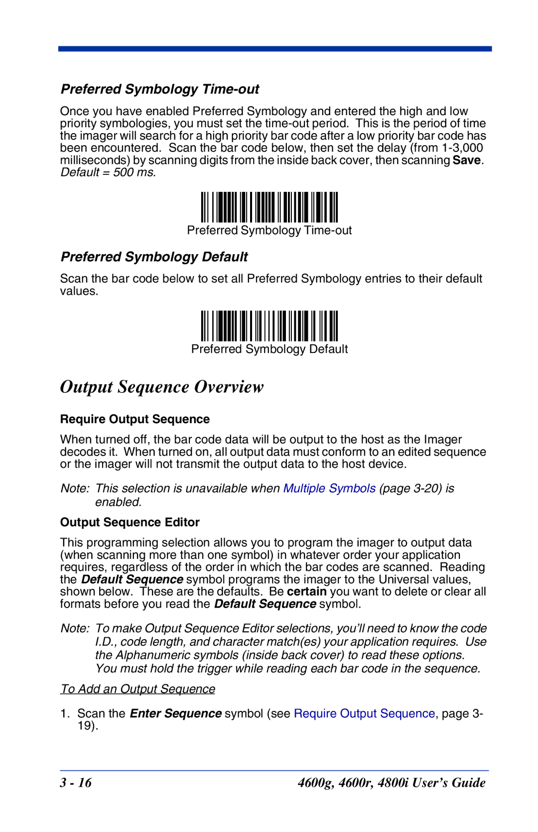 Hand Held Products 4600r, 4800i, 4600g manual Output Sequence Overview, Require Output Sequence, Output Sequence Editor 