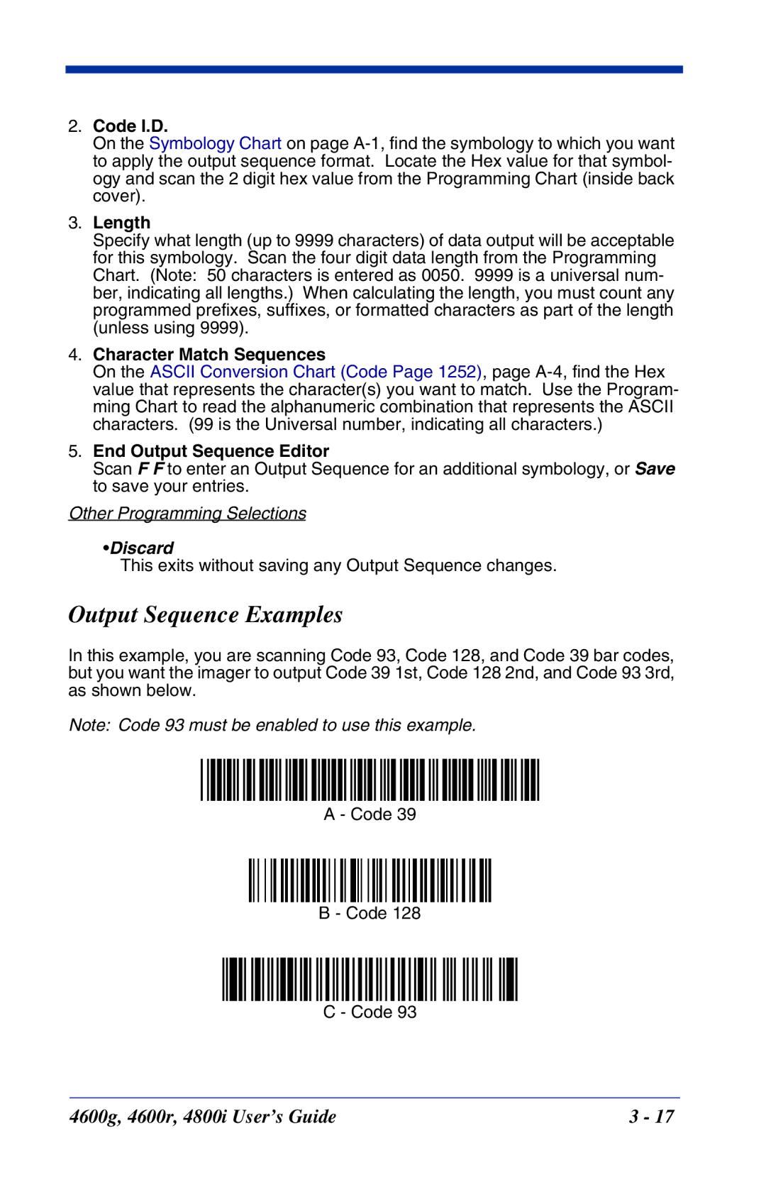 Hand Held Products 4600g Output Sequence Examples, Code I.D, Length, Character Match Sequences, End Output Sequence Editor 