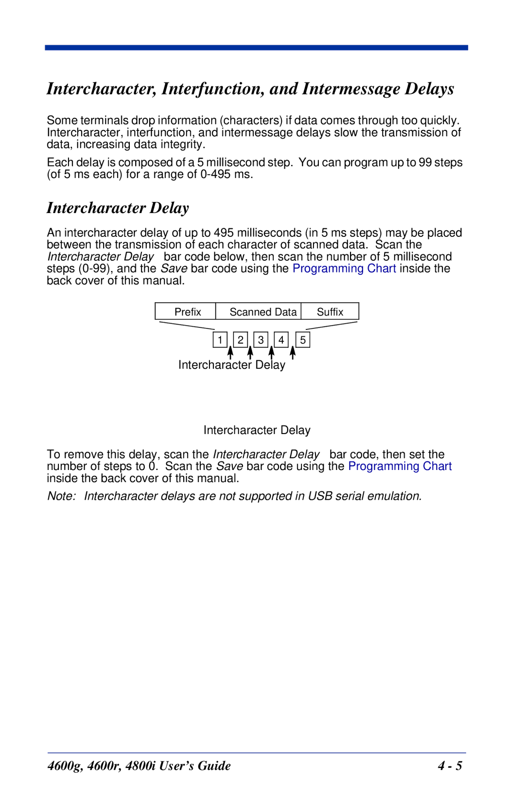 Hand Held Products 4800i, 4600r, 4600g manual Intercharacter, Interfunction, and Intermessage Delays, Intercharacter Delay 