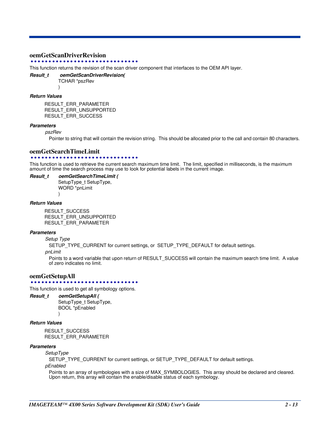 Hand Held Products 4X00 manual OemGetScanDriverRevision, OemGetSearchTimeLimit, OemGetSetupAll 