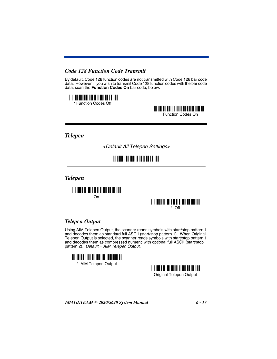 Hand Held Products 5620 system manual Code 128 Function Code Transmit, Telepen Output 