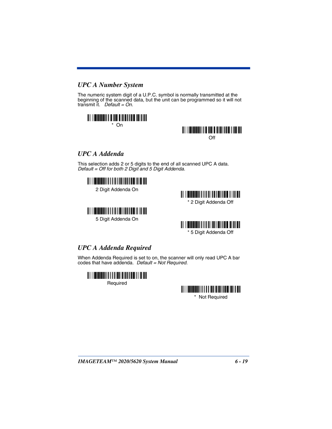 Hand Held Products 5620 system manual UPC a Number System, UPC a Addenda Required 