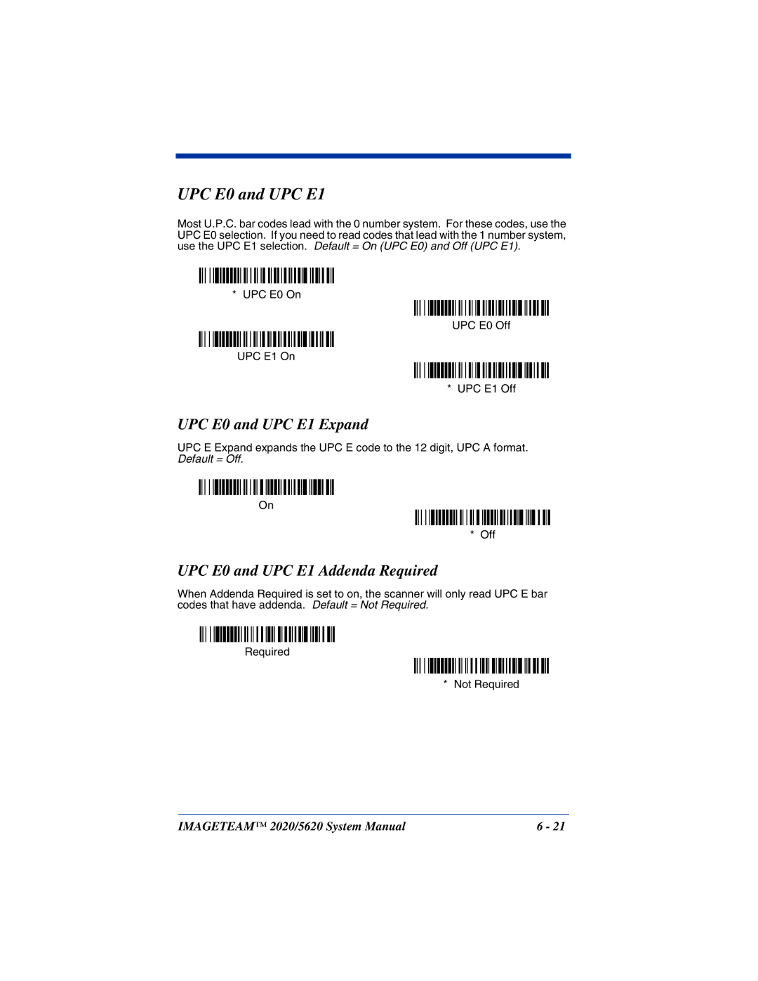 Hand Held Products 5620 system manual UPC E0 and UPC E1 Expand, UPC E0 and UPC E1 Addenda Required 