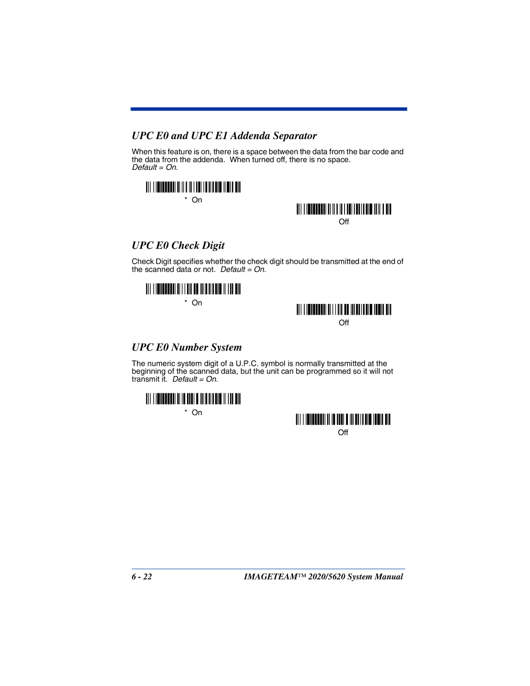 Hand Held Products 5620 system manual UPC E0 and UPC E1 Addenda Separator, UPC E0 Check Digit, UPC E0 Number System 