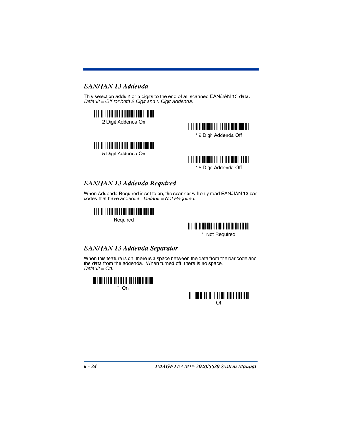 Hand Held Products 5620 system manual EAN/JAN 13 Addenda Required, EAN/JAN 13 Addenda Separator 