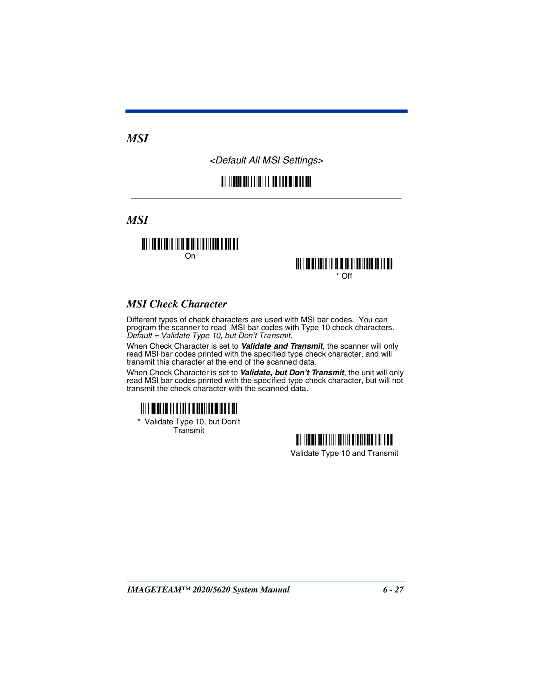 Hand Held Products 5620 system manual MSI Check Character 