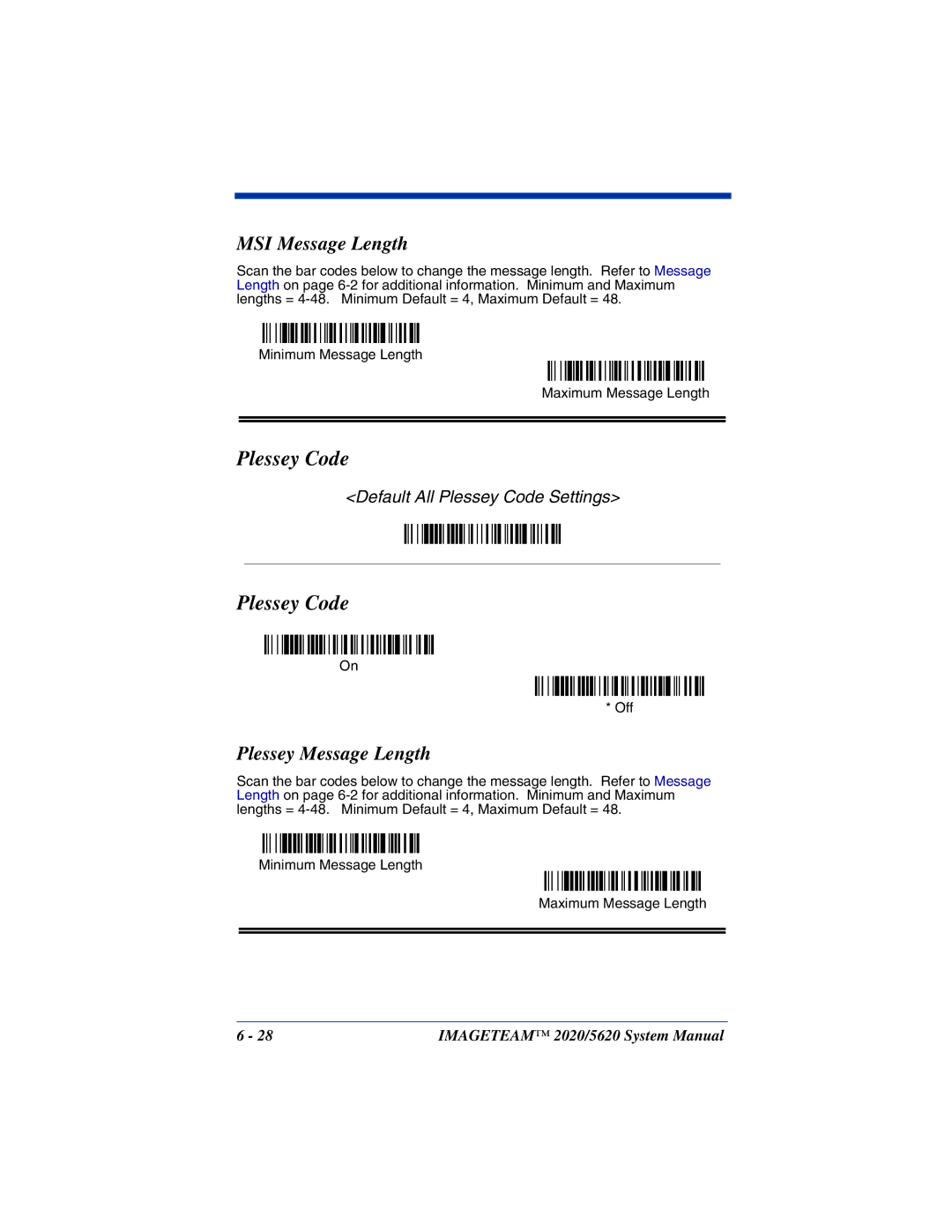 Hand Held Products 5620 system manual Plessey Code, MSI Message Length, Plessey Message Length 